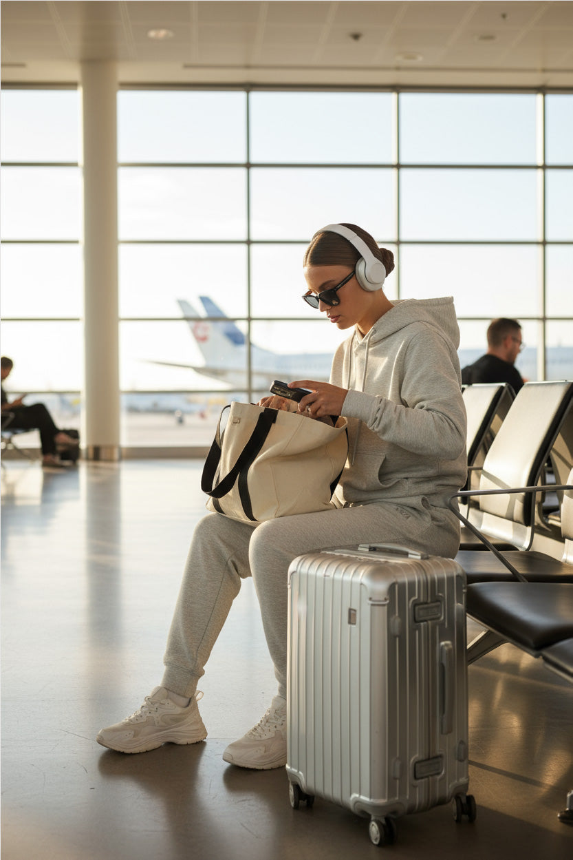 Moletom com capuz e calça jogger cinza com look de viagem