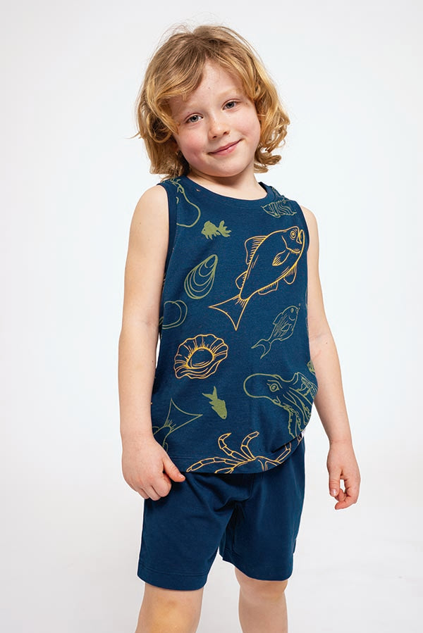 Pijama infantil com suspensórios de algodão estampado de peixe | MUYDEMI