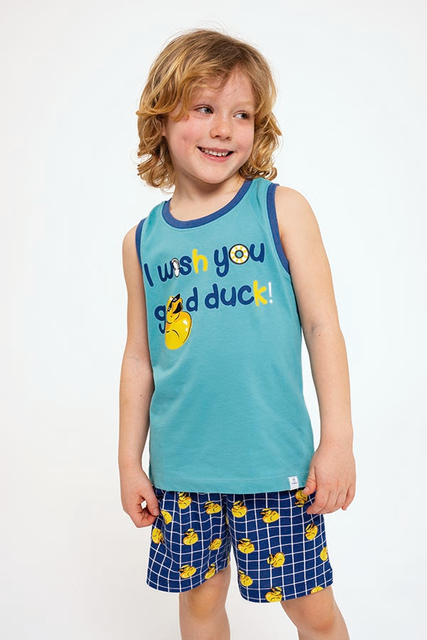 Pijama infantil com suspensórios de algodão Good Duck azul | MUYDEMI