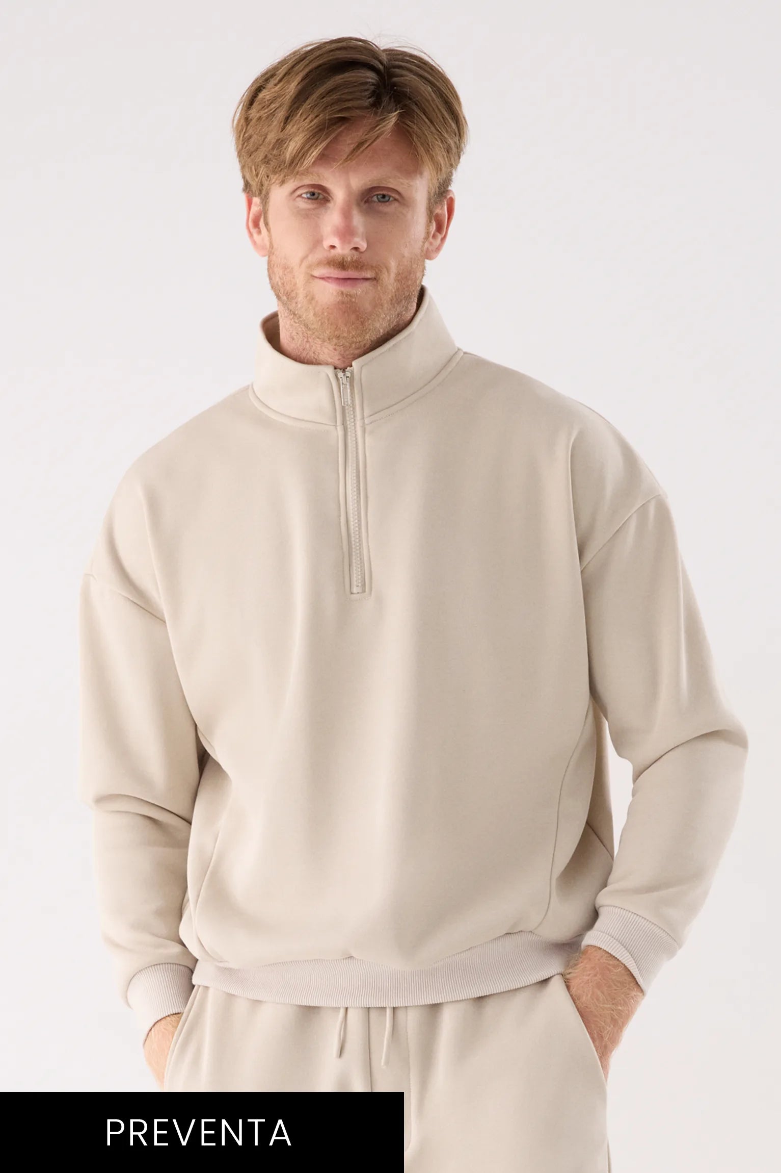 PRÉ-VENDA Sweatshirt desportiva de homem bege cardada com meio fecho