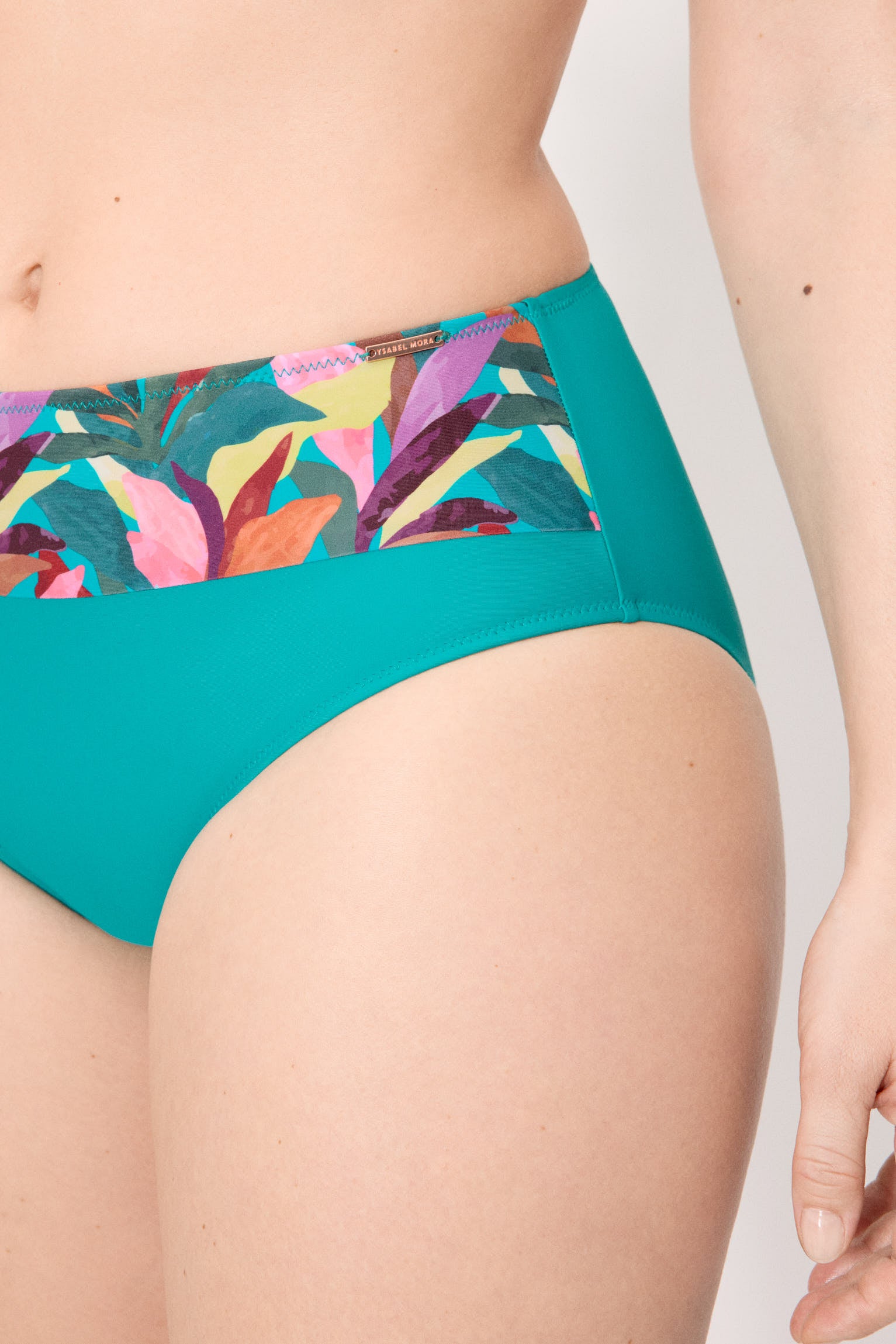 Calcinha de biquíni modeladora de cintura alta com estampa de folhas