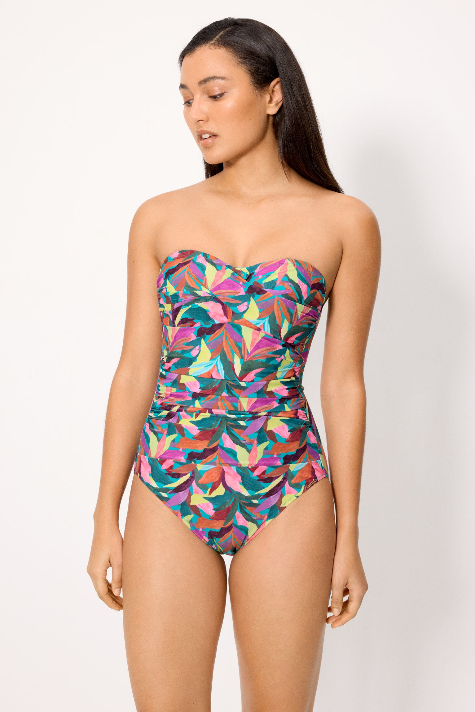 Maiô tomara que caia de alta compressão com estampa de folhas, tamanho B