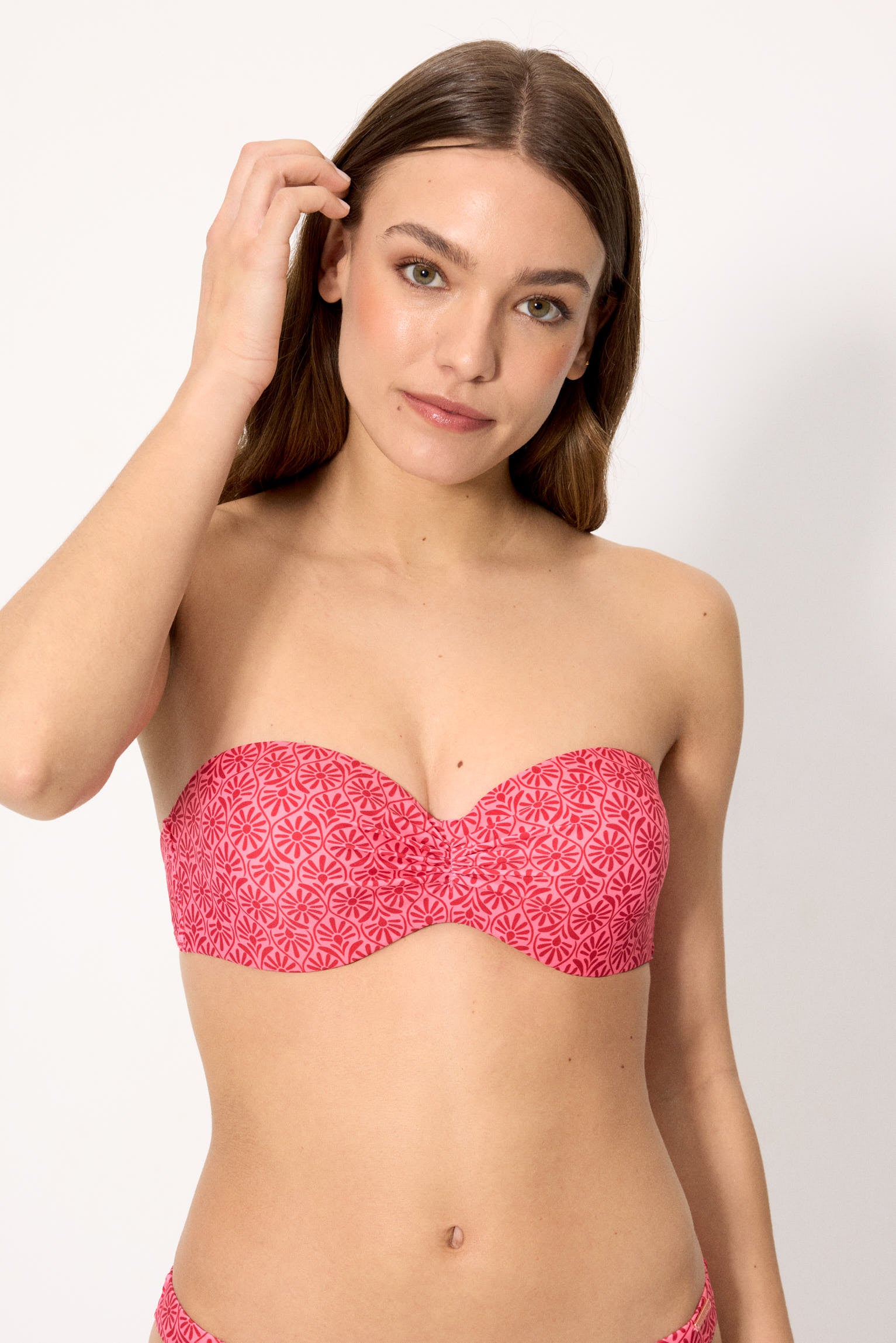 Top bikini bandeau push-up flores rosa y rojo copa B - Ysabel Mora