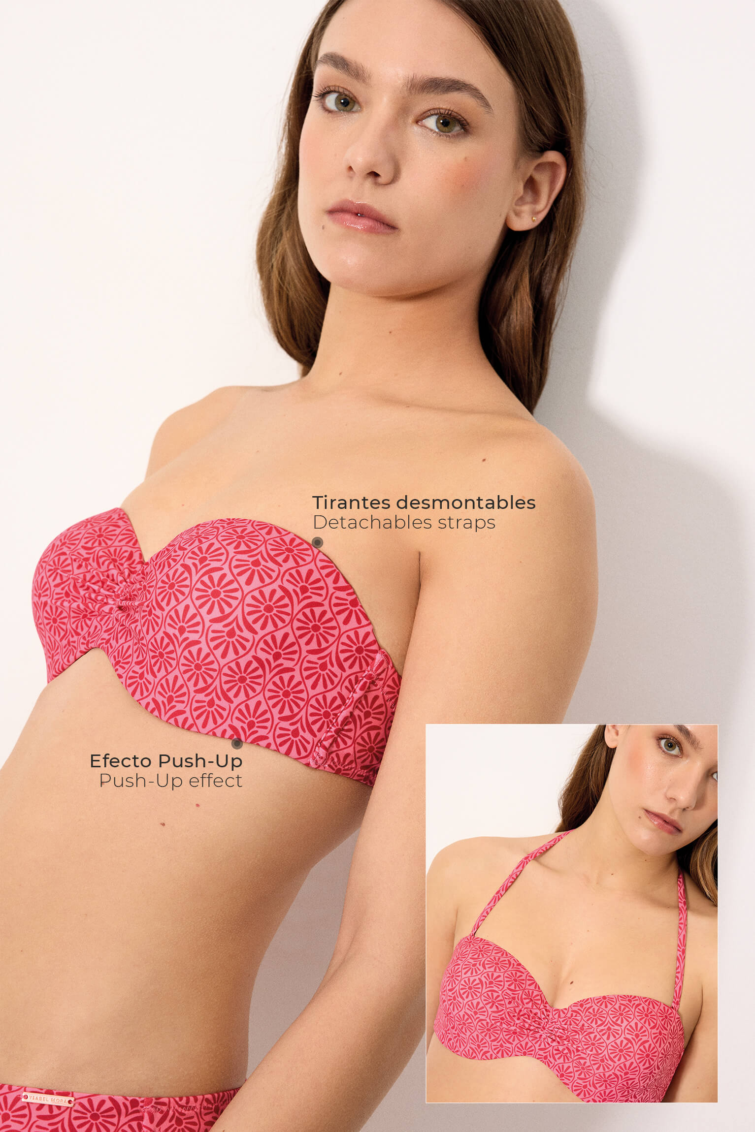 Top de biquíni tomara que caia push-up floral rosa e vermelho, tamanho B