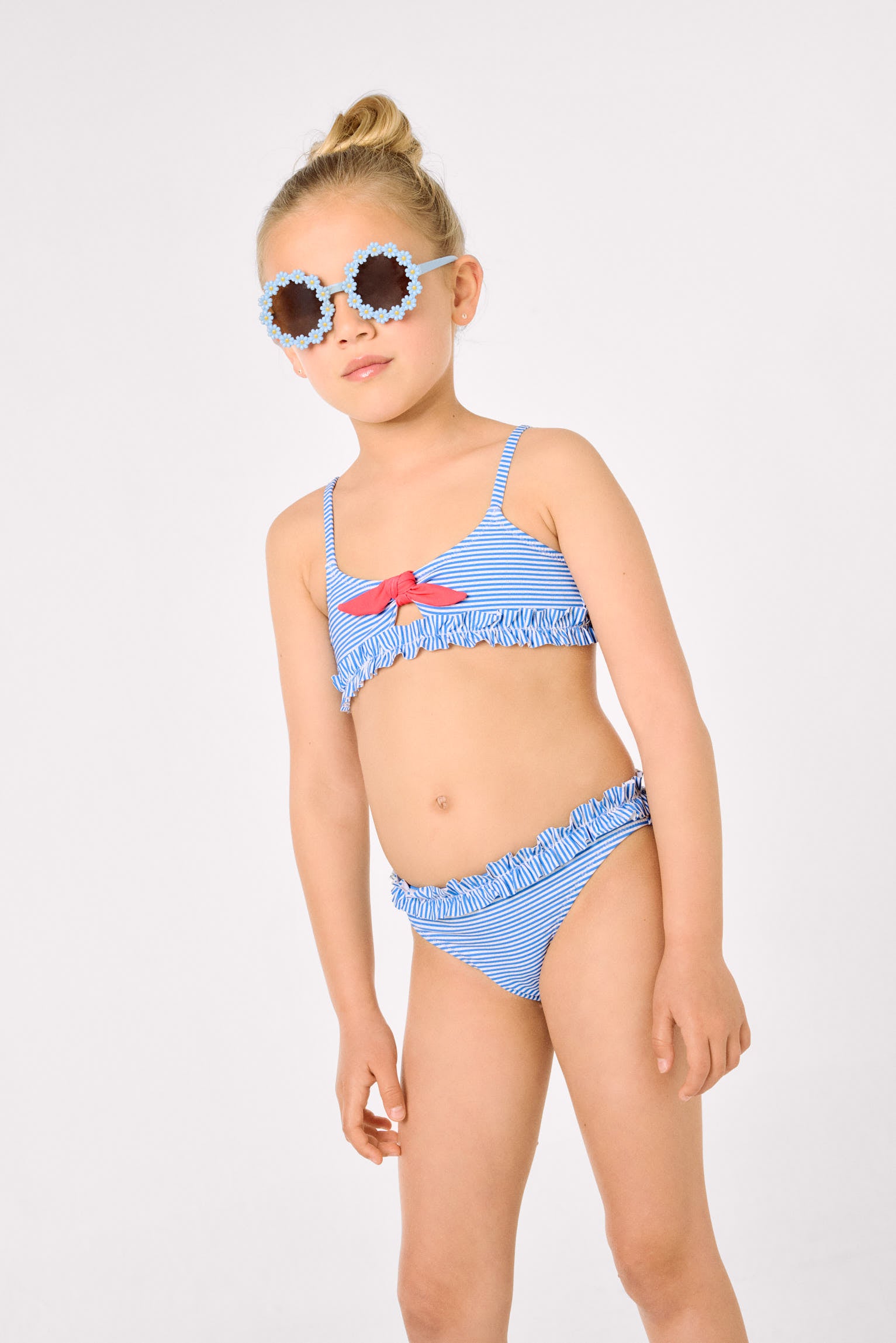 Bikini niña detalle lazo y fruncidos estampado rayas - Ysabel Mora
