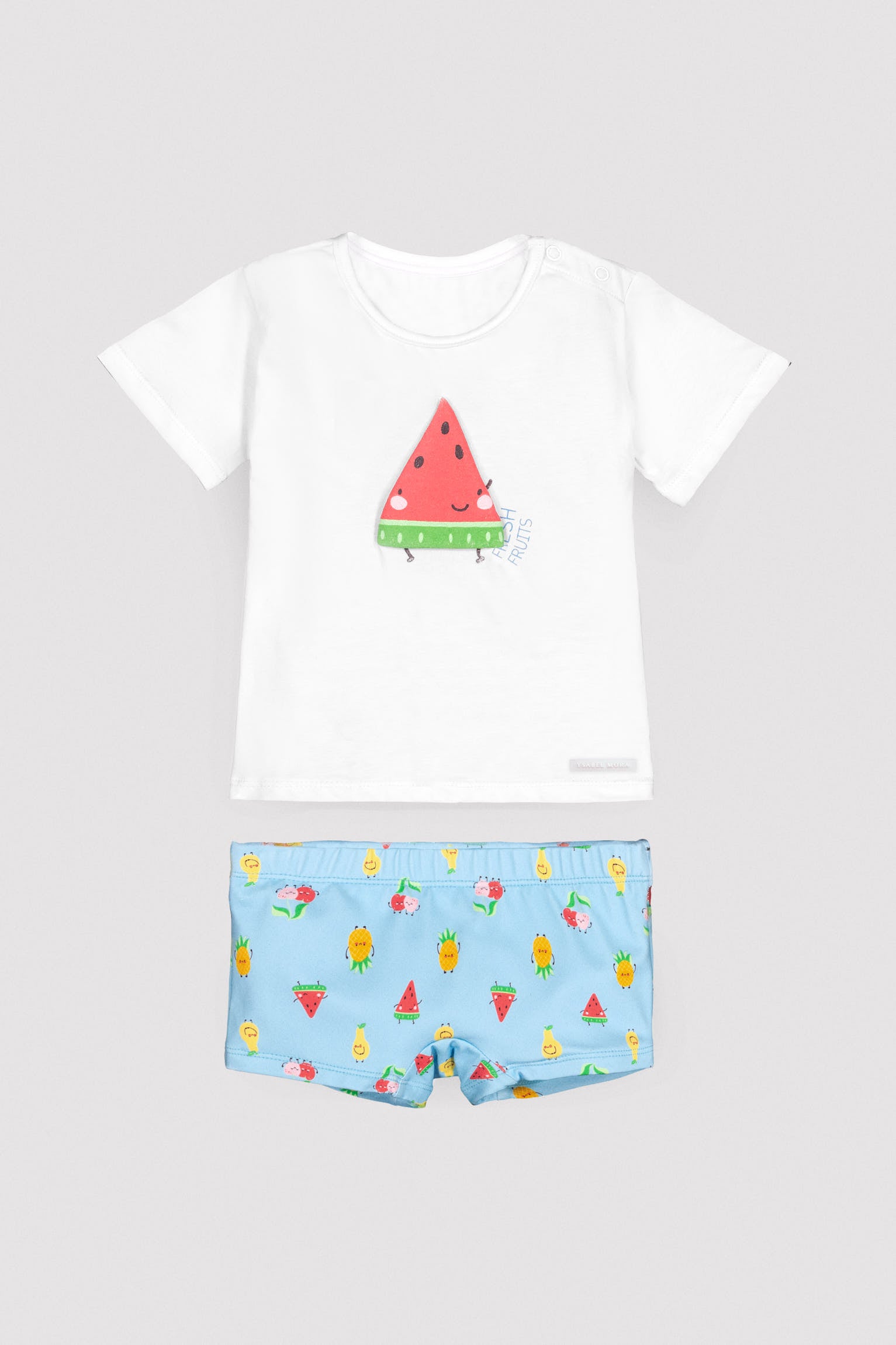 Conjunto de camiseta e sunga boxer com estampa de frutas para bebês