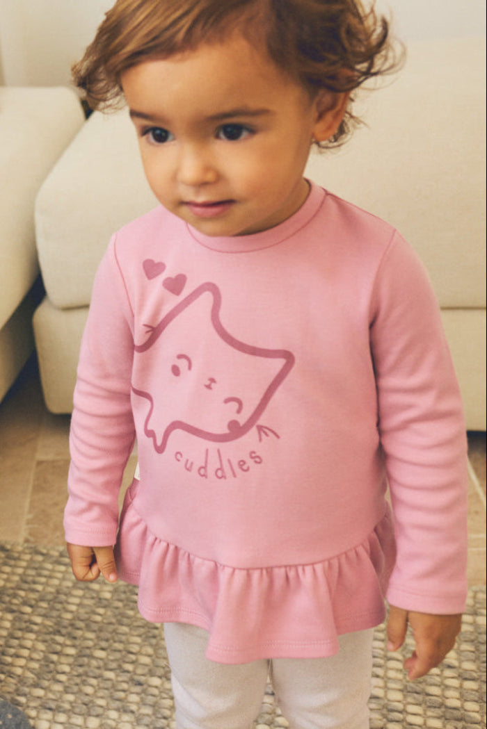 Conjunto bebé sweatshirt com folho e calças com desenho de gatinho