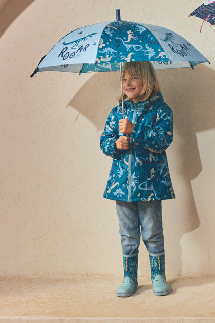 Capa de chuva de menino estampado de dinossauros com forro polar
