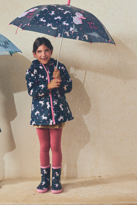 Capa de chuva de menina estampado de caniches com forro polar