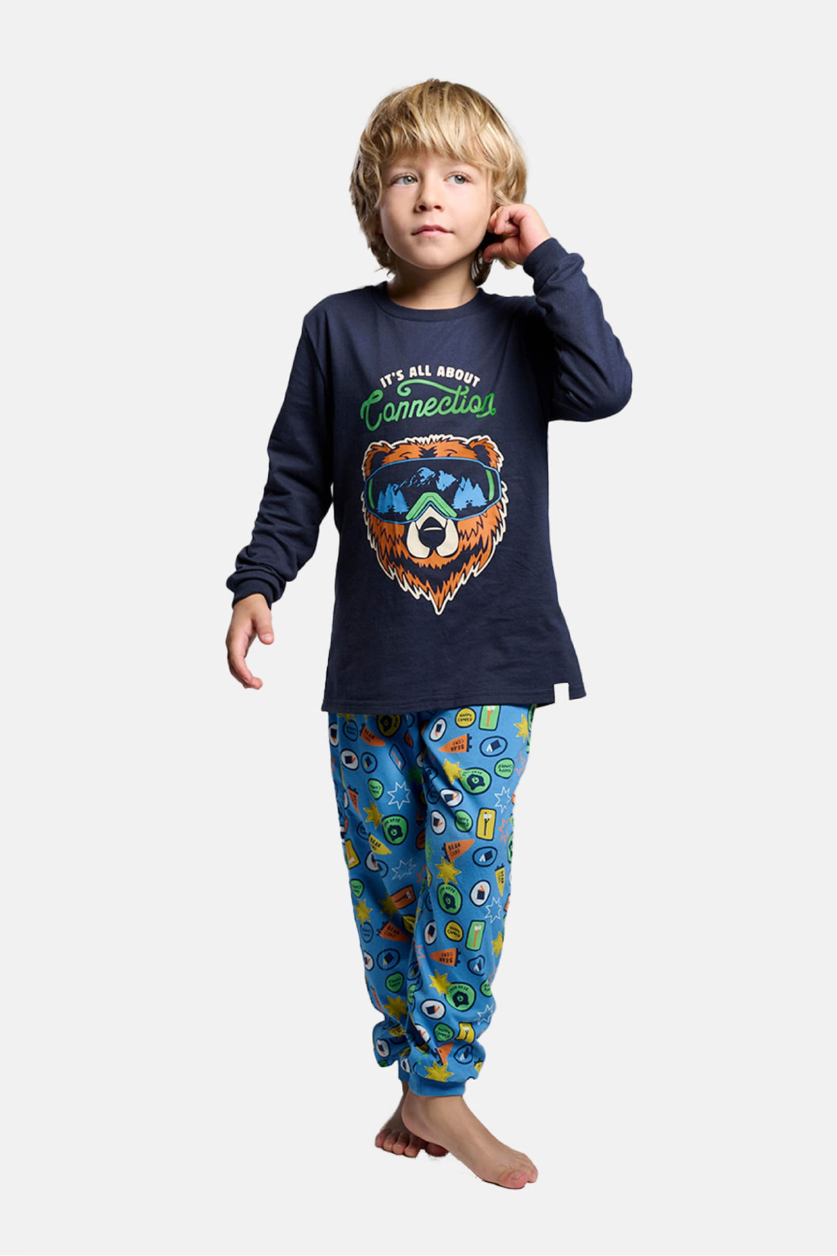 Pijama comprido de menino em algodão It's all about connection estampado de urso