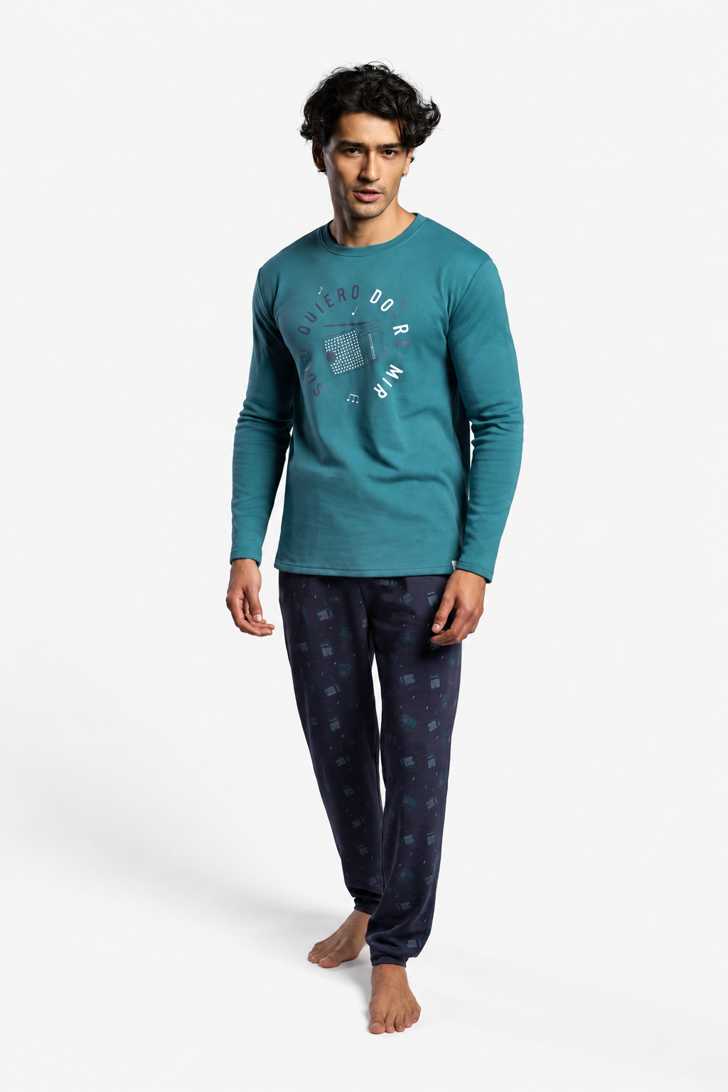 Pijama comprido de homem cardado com estampado de rádio