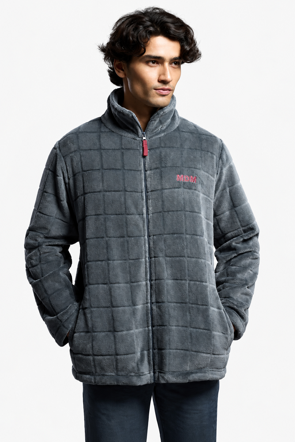 Roupão curto de homem polar coral cinzento com relevo aos quadrados