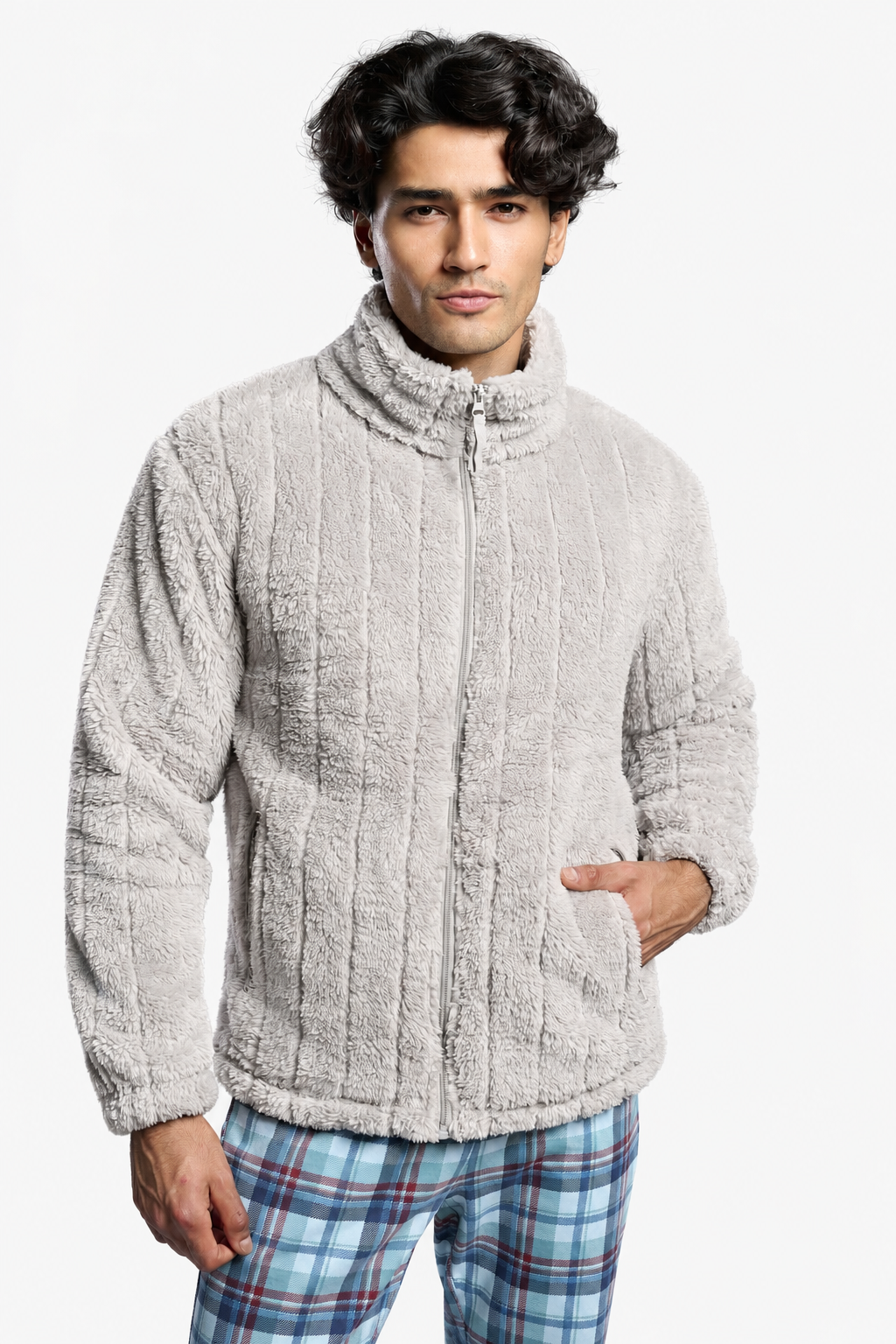 Roupão curto de homem polar sherpa jacquard cinzento