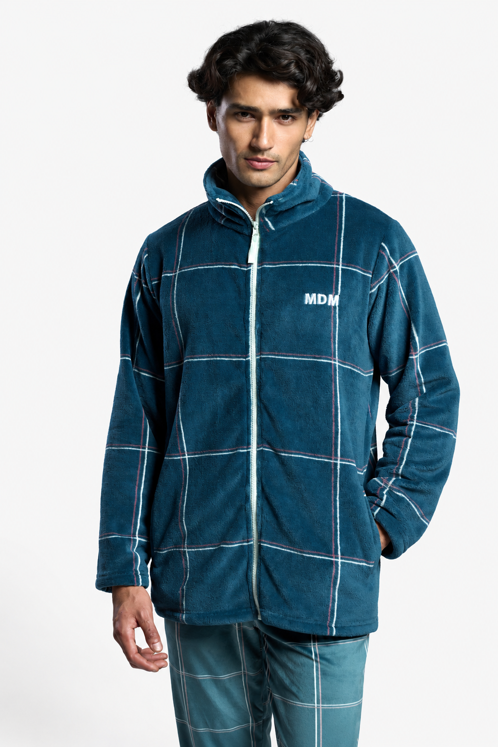 Roupão curto de homem polar coral aos quadrados com fecho de correr