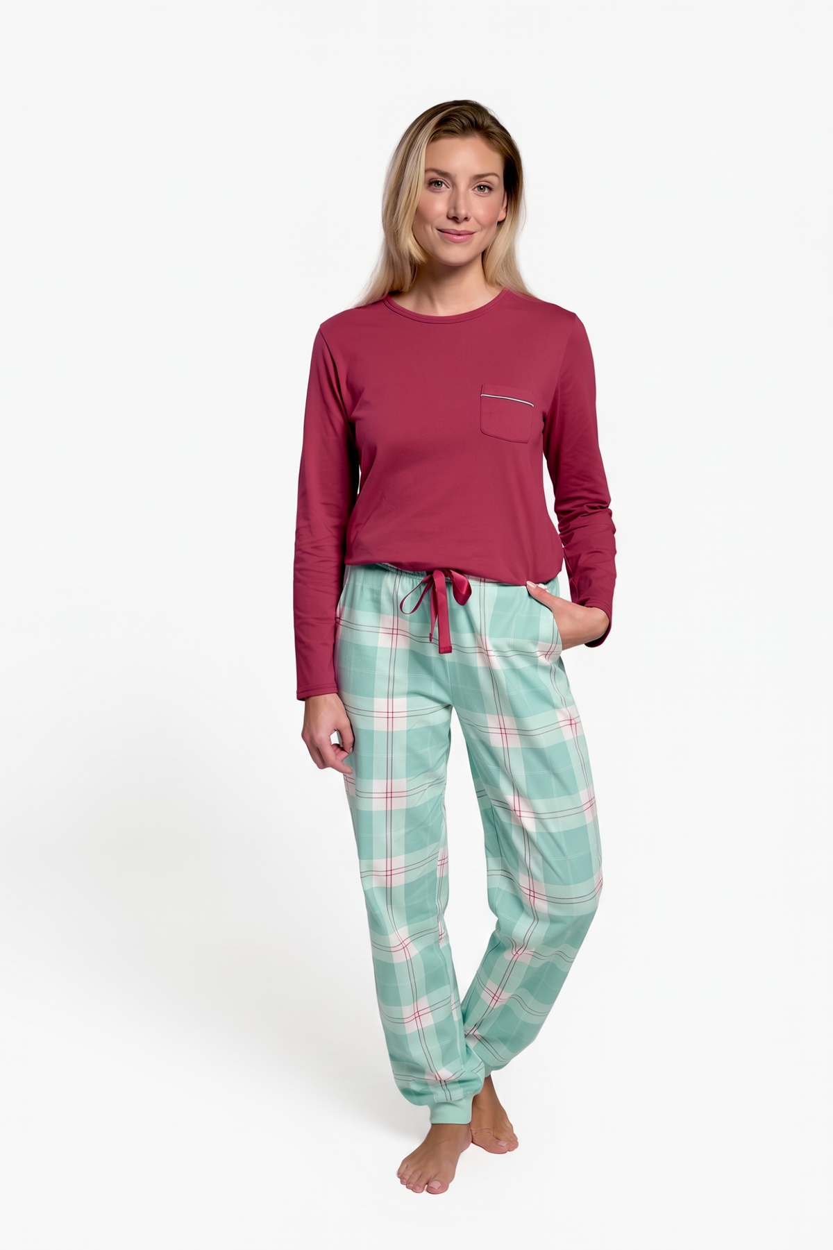 Pijama comprido de mulher em algodão aos quadrados verde e vermelho