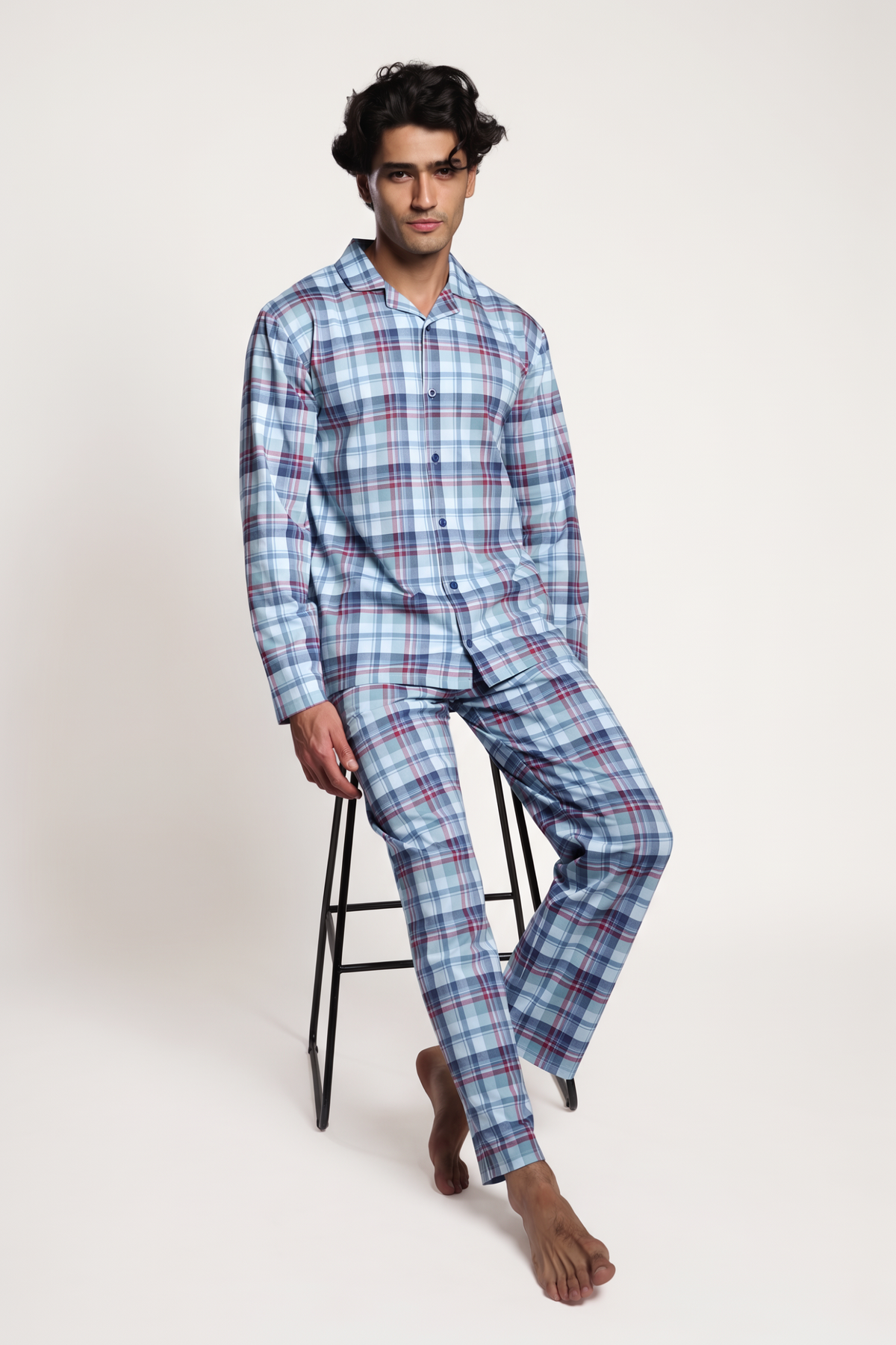 Pijama camisola comprido de homem em algodão aos quadrados