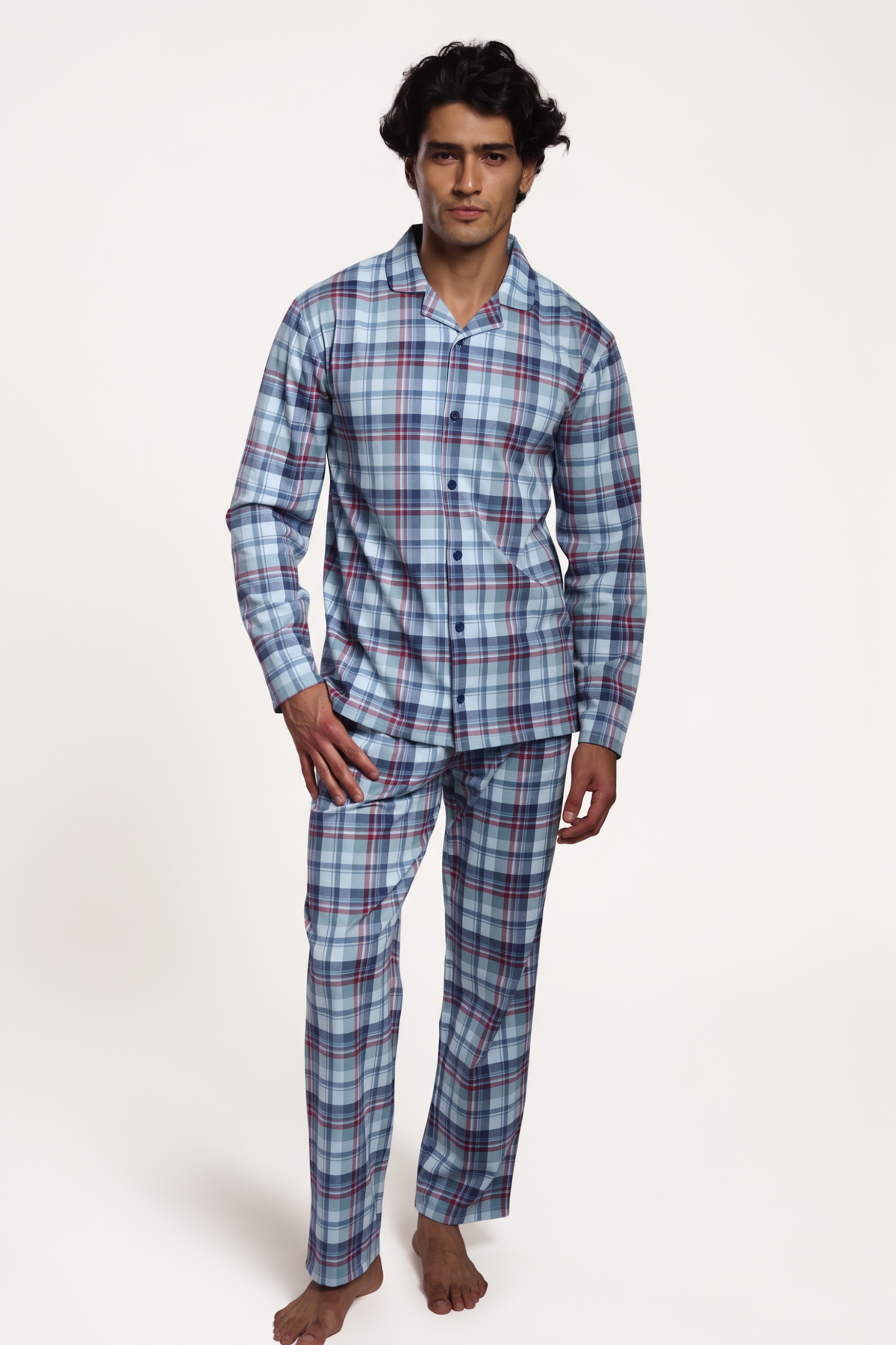 Pijama camisola comprido de homem em algodão aos quadrados