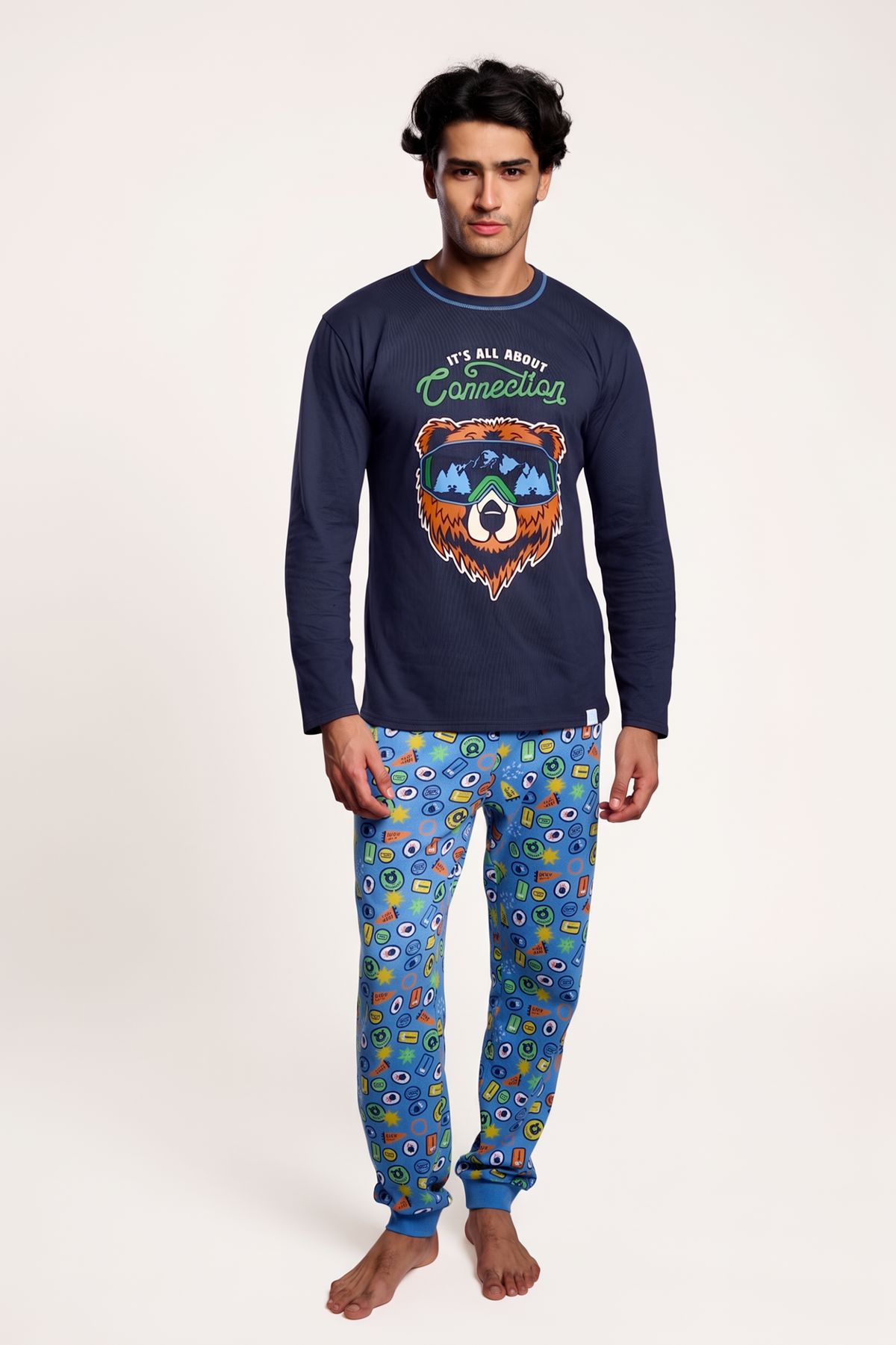 Pijama comprido de homem em algodão estampado de urso It's all about Connection