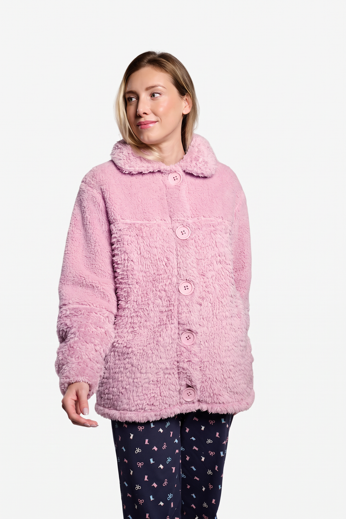 Roupão curto de mulher polar sherpa rosa com botões