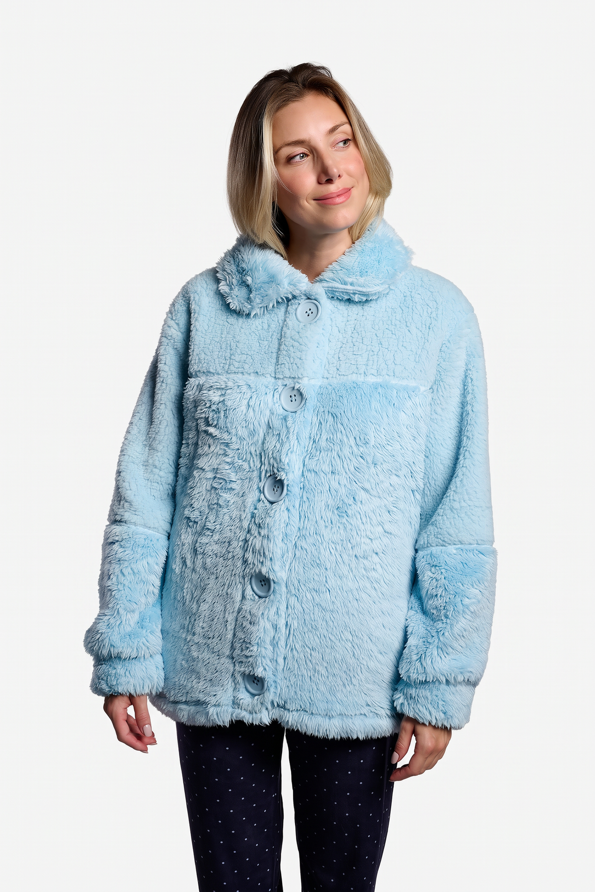 Roupão curto de mulher polar sherpa azul com botões
