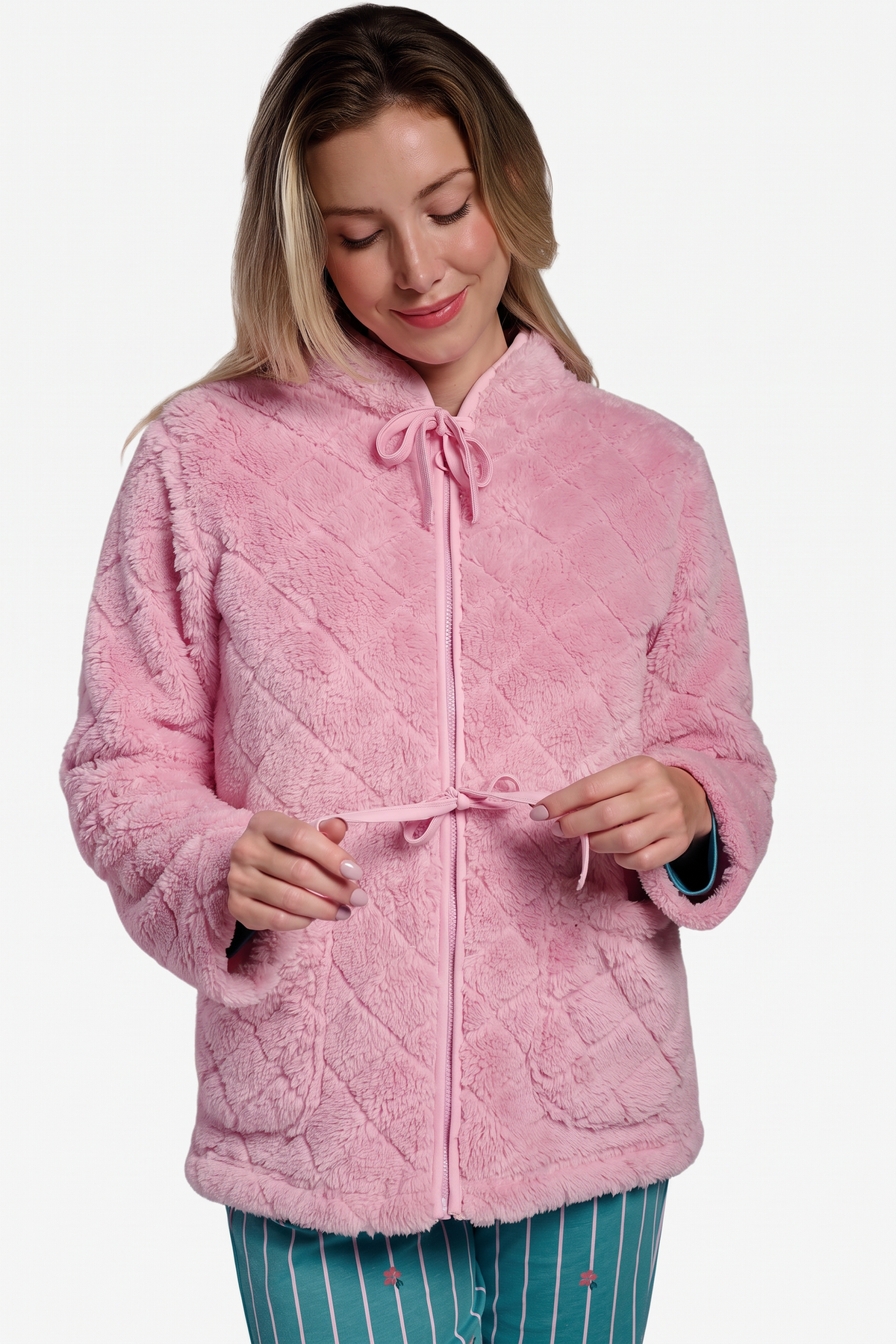 Roupão curto de mulher polar sherpa rosa com detalhes de laços