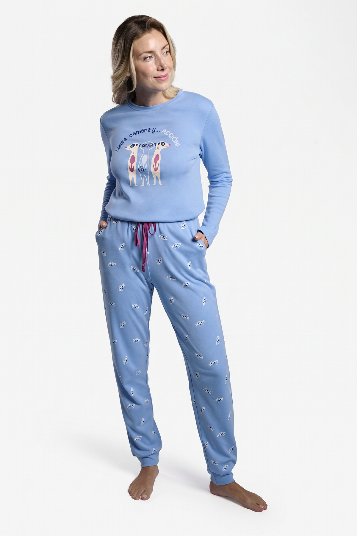 Pijama comprido de mulher cardado azul suricatas