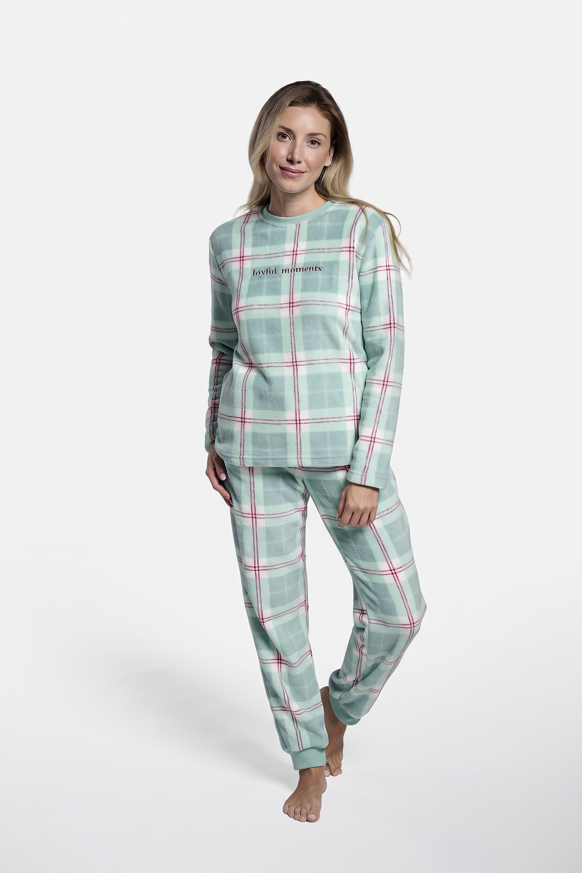 Pijama comprido de mulher polar coral aos quadrados verde água-marinha