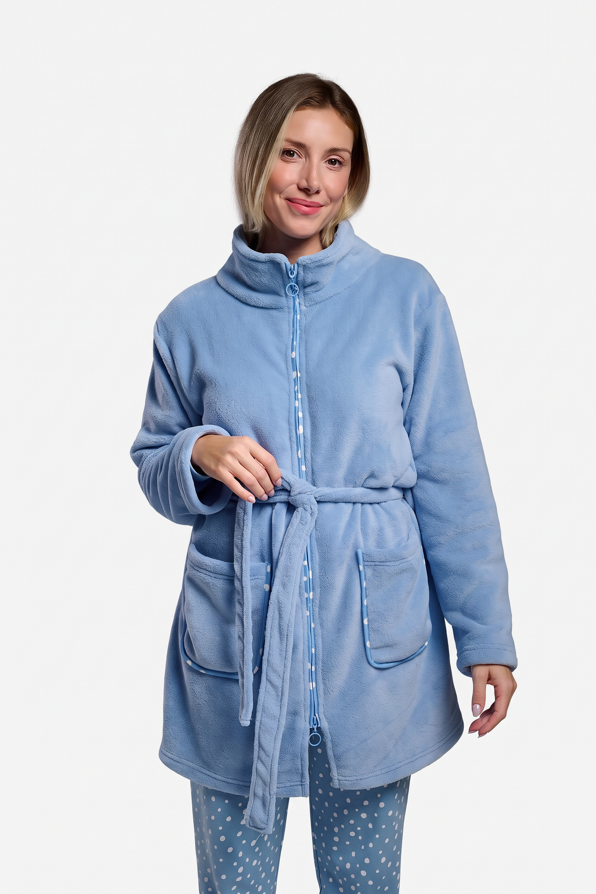 Roupão curto de mulher polar coral azul liso