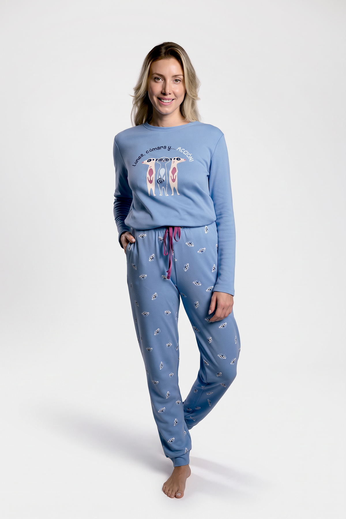 Pijama comprido de mulher cardado azul suricatas