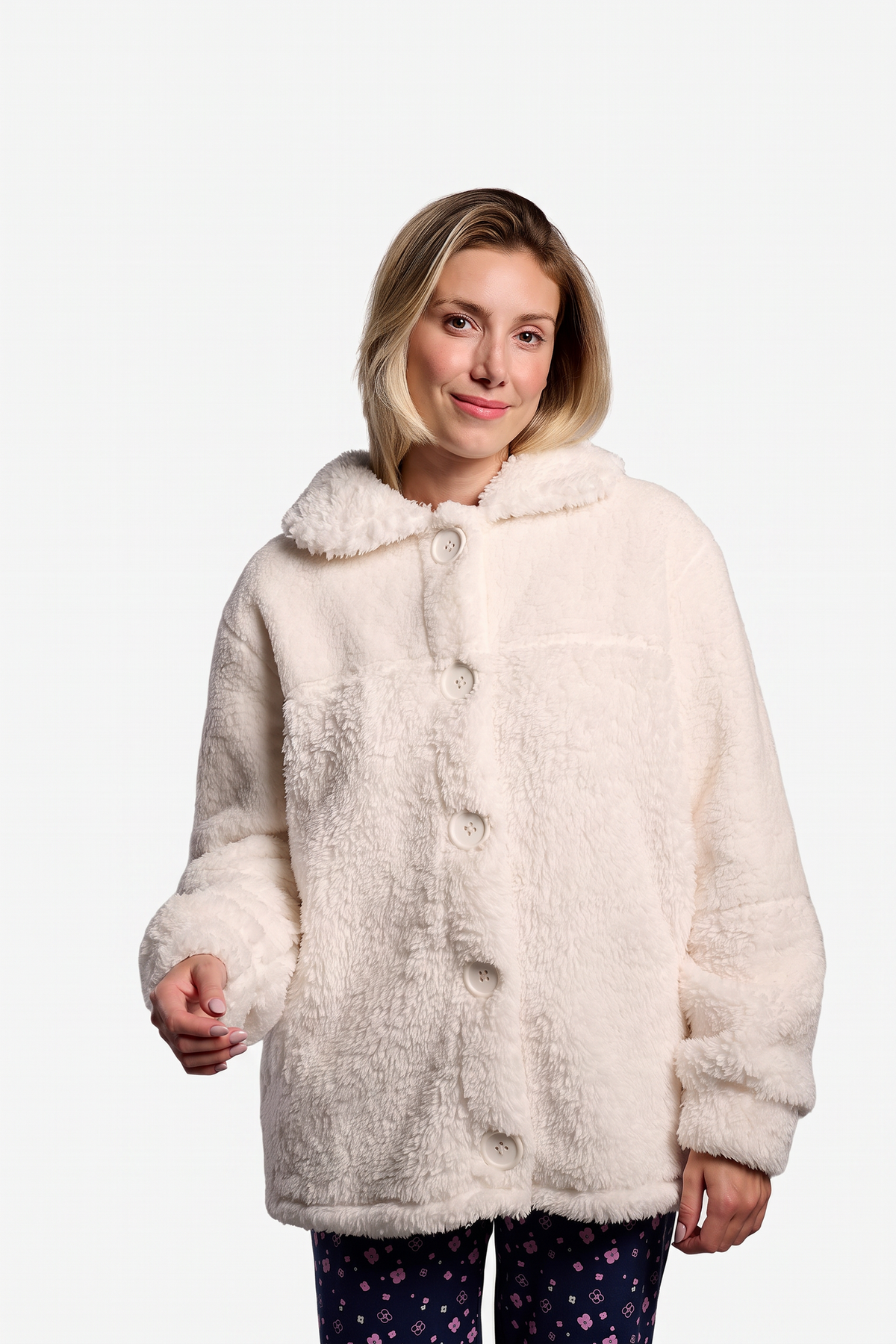 Roupão curto de mulher polar sherpa branco com botões