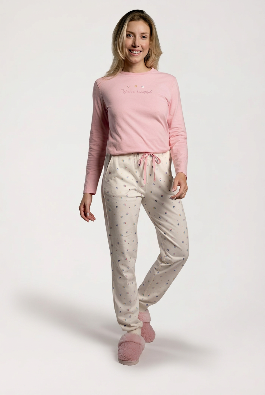 Pijama comprido de mulher em algodão rosa e branco