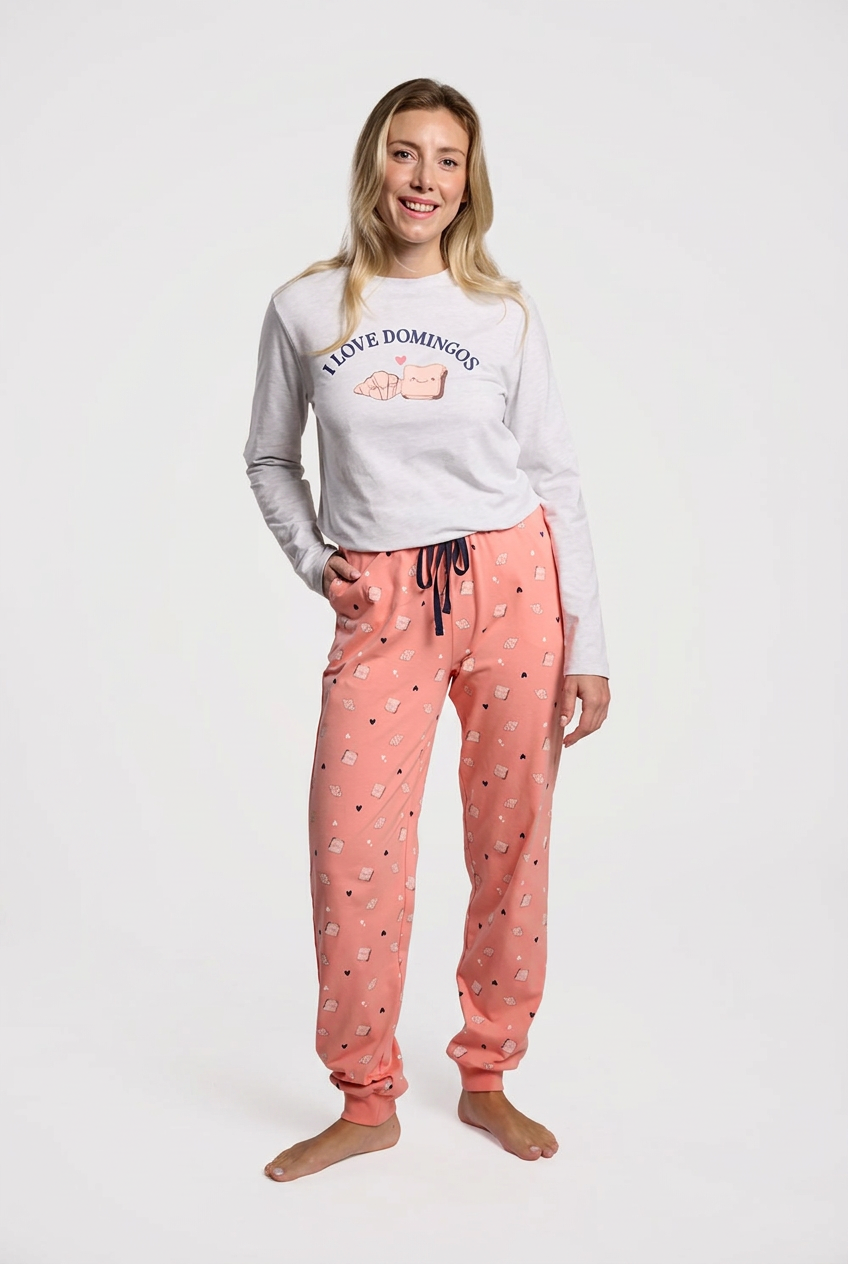 Pijama comprido de mulher em algodão coral I Love Domingos