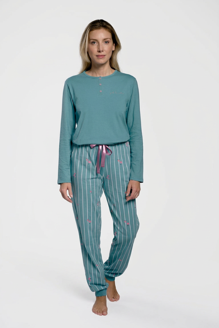 Pijama comprido de mulher em algodão azul às riscas com detalhes