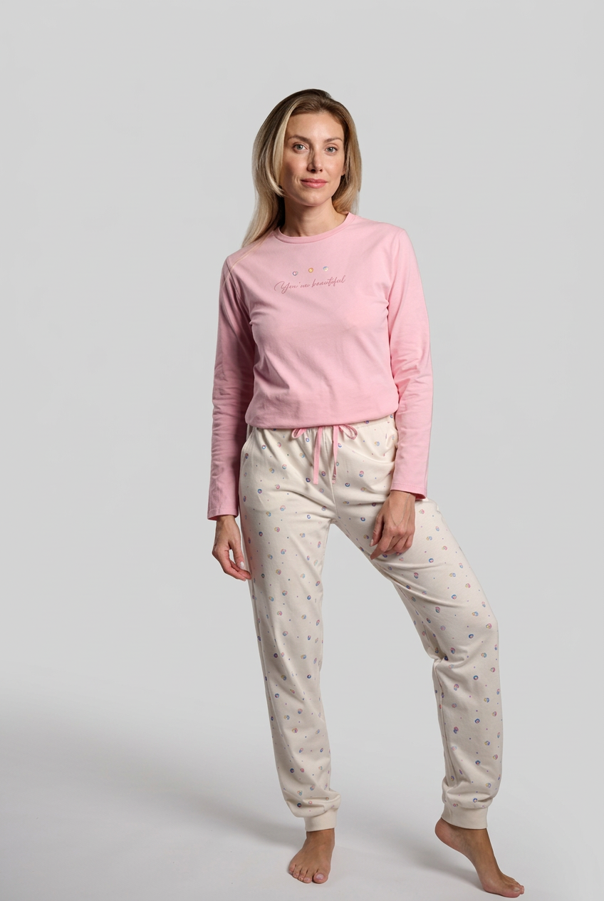 Pijama comprido de mulher em algodão rosa e branco