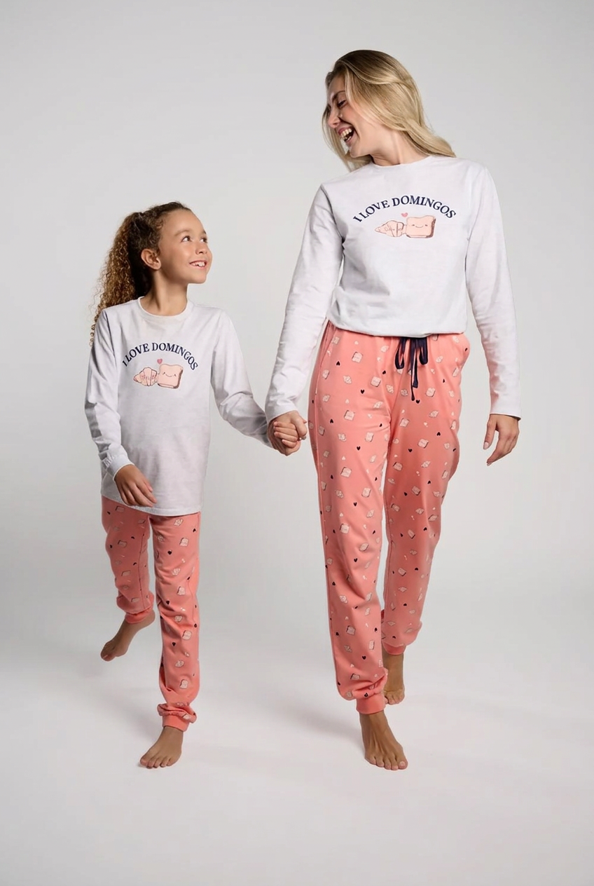Pijama comprido de mulher em algodão coral I Love Domingos