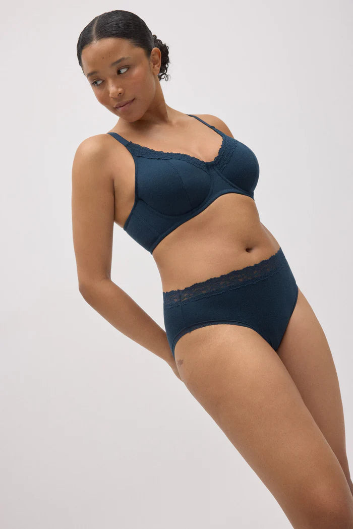Conjunto lencero sujetador reductor y braga midi canalé marino