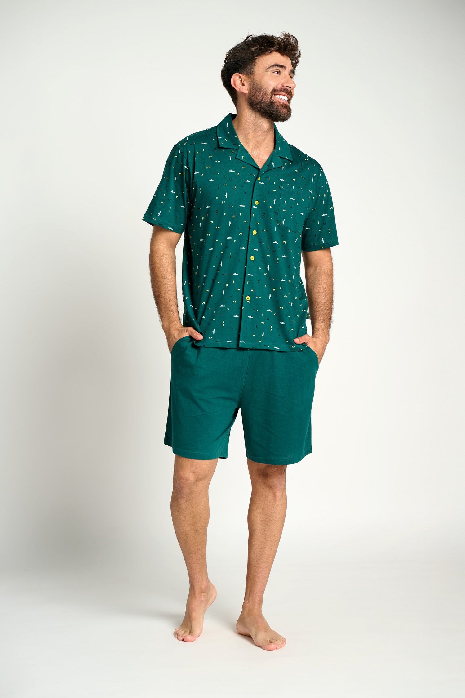 Pijama curto masculino estilo camisa de algodão na cor verde | MUYDEMI