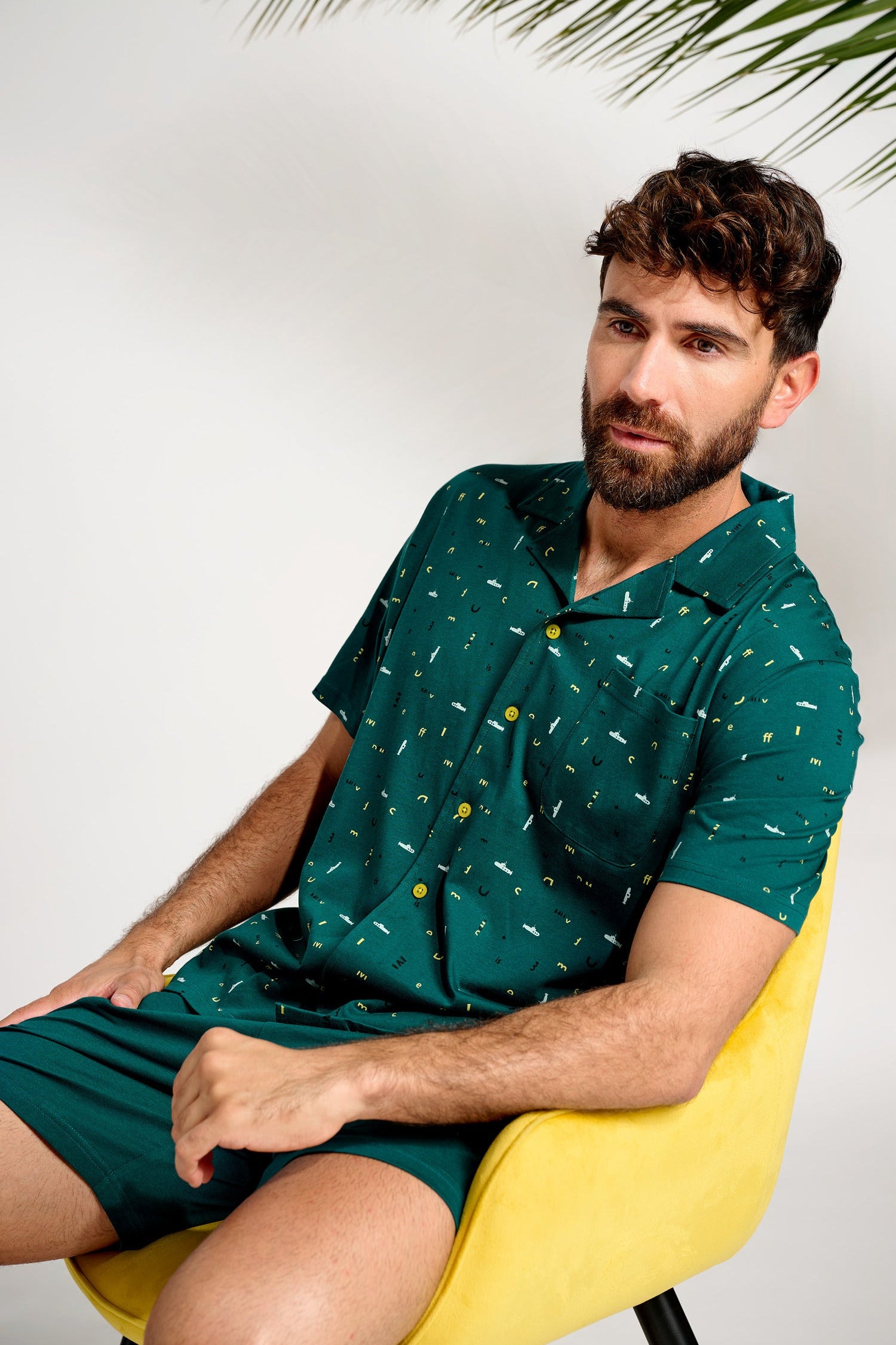 Pijama curto masculino estilo camisa de algodão na cor verde | MUYDEMI