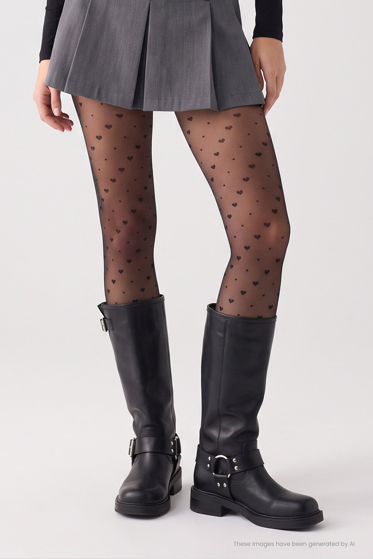 Collants pretos 20 denier estampado de bolinhas e corações