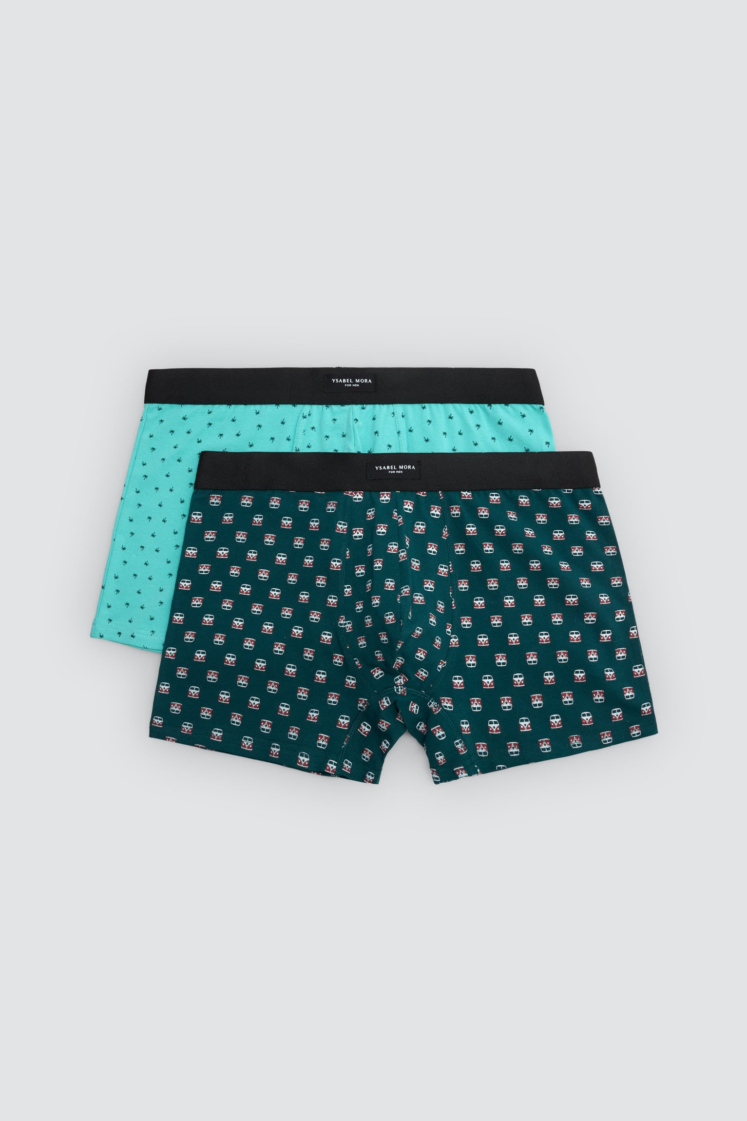 Conjunto de 2 cuecas boxer com estampas sortidas: caravana e palmeira.