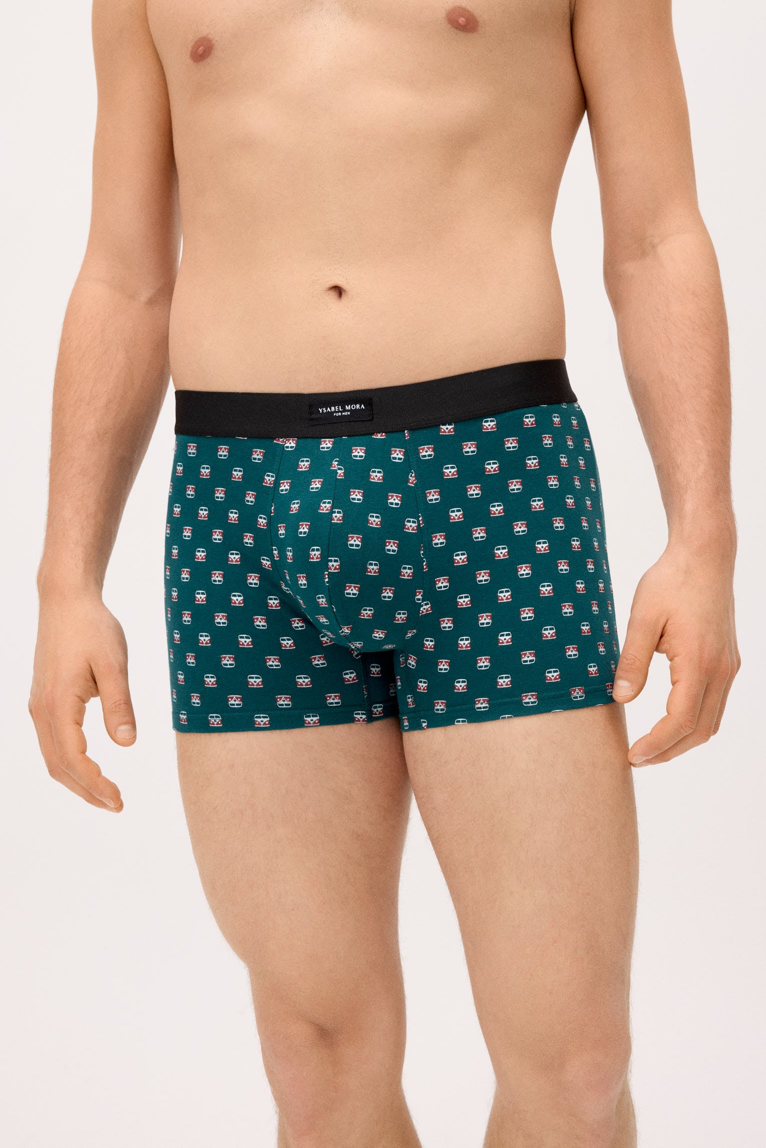 Conjunto de 2 cuecas boxer com estampas sortidas: caravana e palmeira.