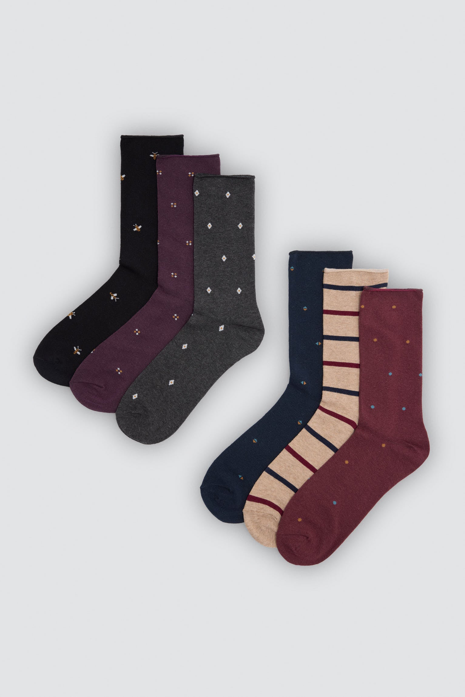Pack de 6 meias sem punho com estampados variados