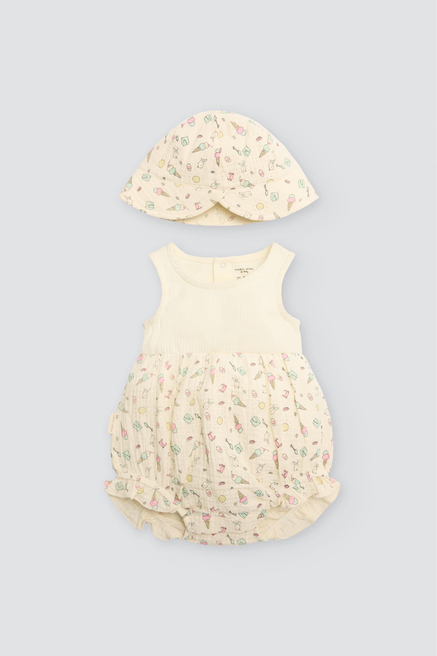 Conjunto ranita bebé sin mangas y gorrito estampado veraniego - Ysabel Mora
