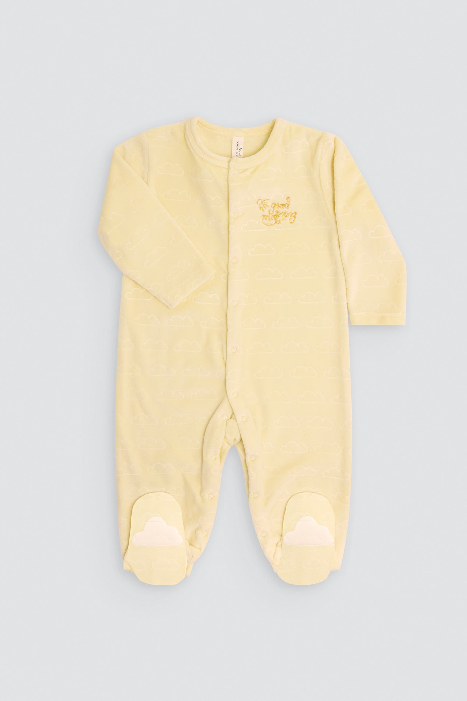 Pelele bebé terciopelo estampado nubes Good morning - Ysabel Mora