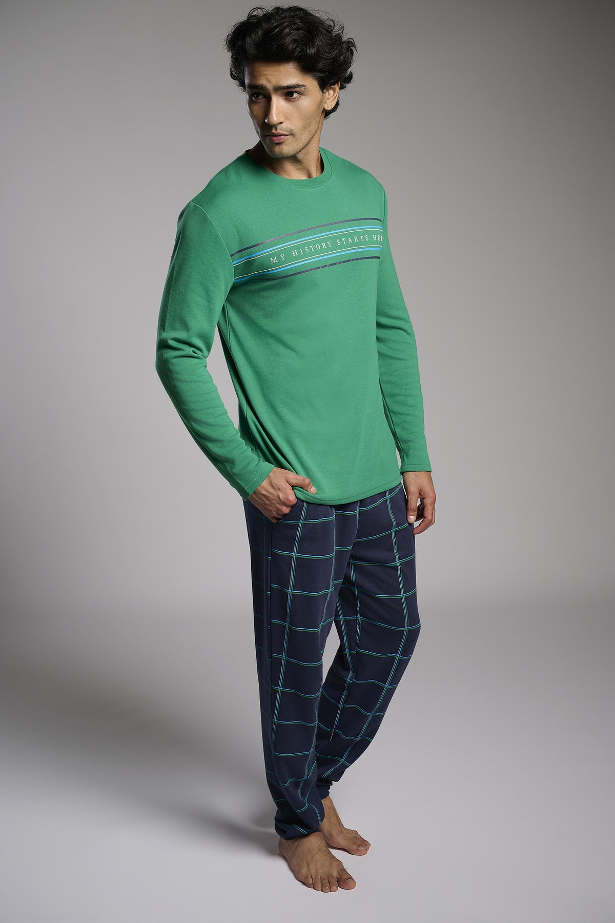 Pijama comprido de homem cardado estampado My History Starts Here