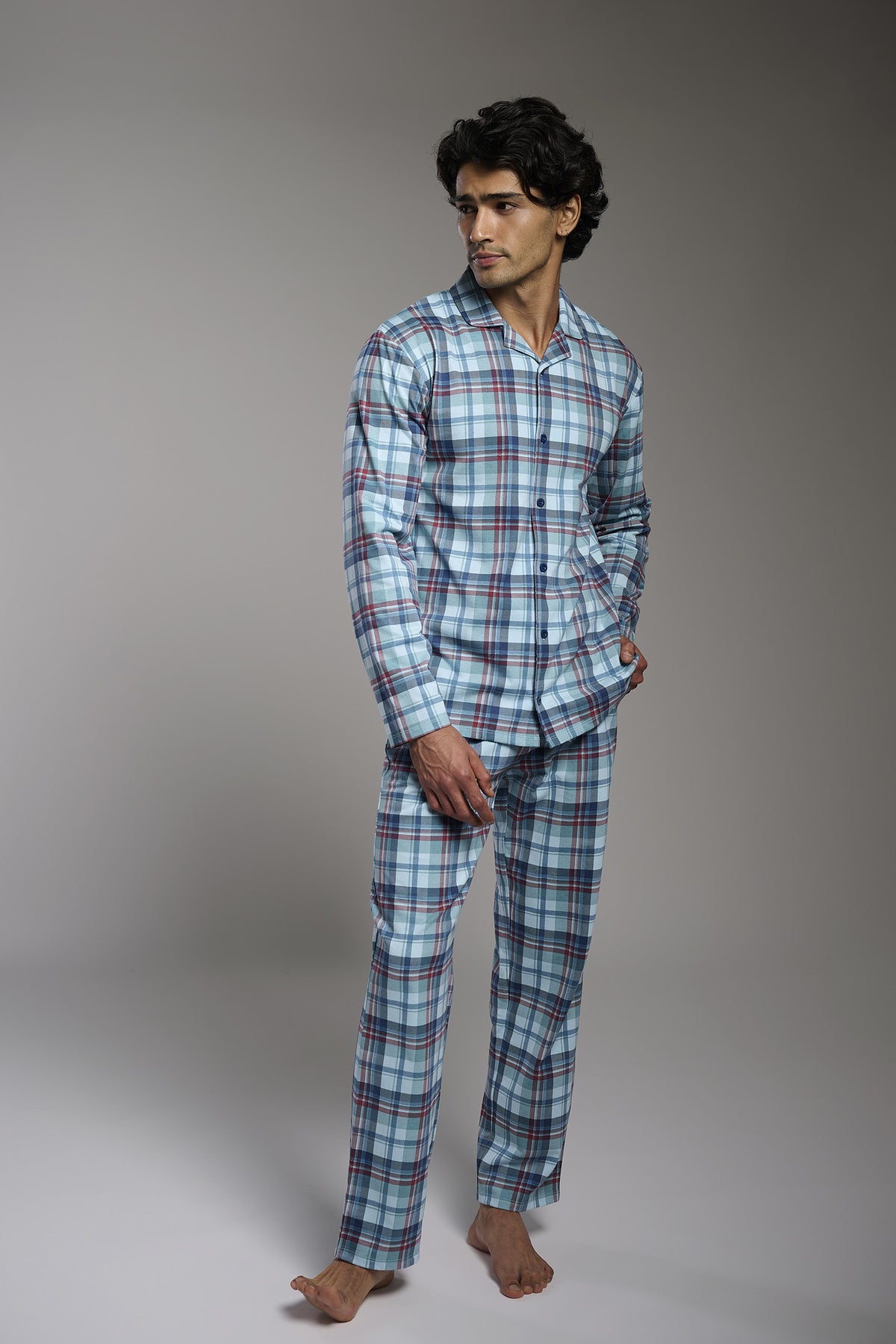 Pijama camisola comprido de homem em algodão aos quadrados