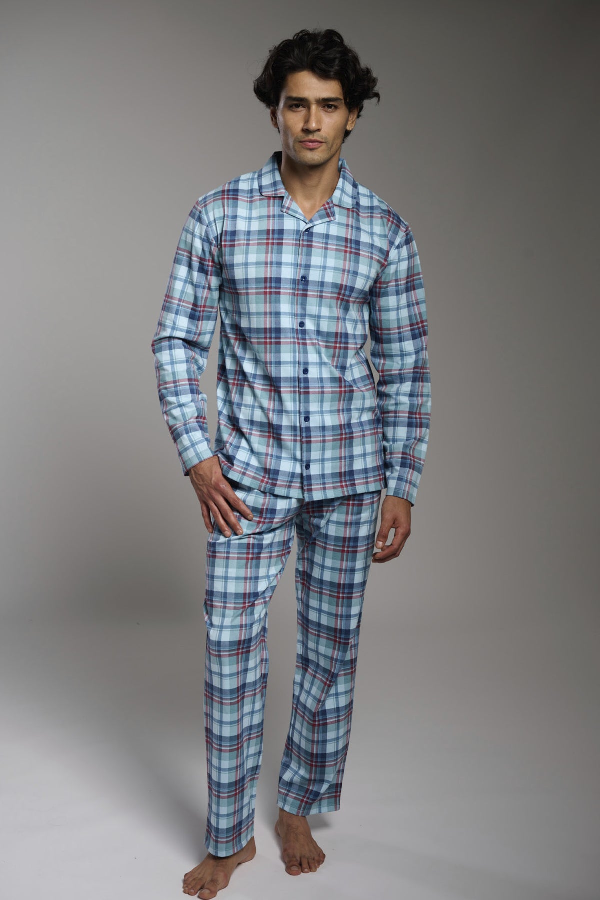 Pijama camisola comprido de homem em algodão aos quadrados
