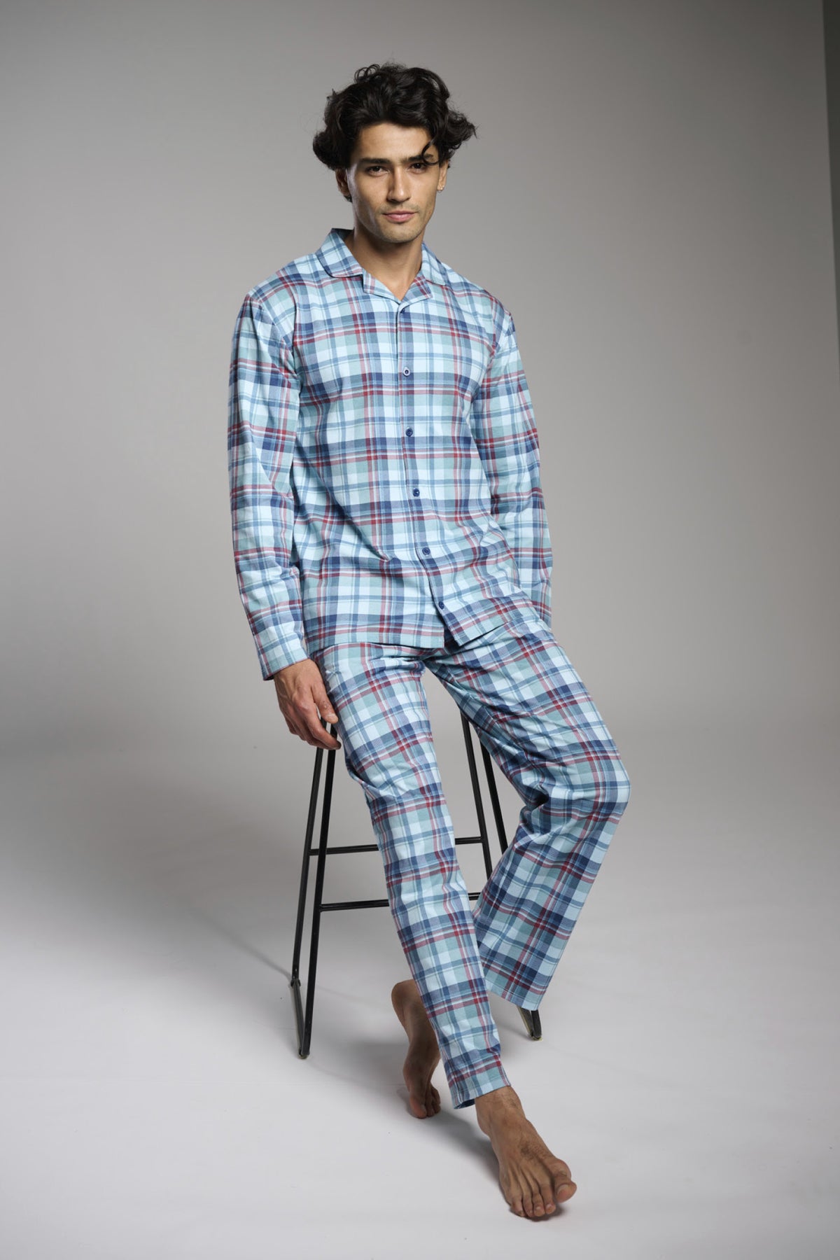 Pijama camisola comprido de homem em algodão aos quadrados