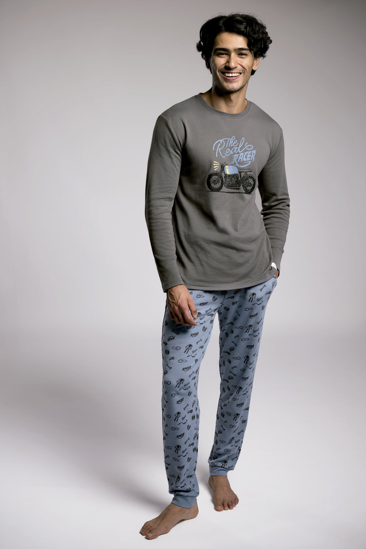 Pijama comprido de homem cardado estampado motard The Real Racer