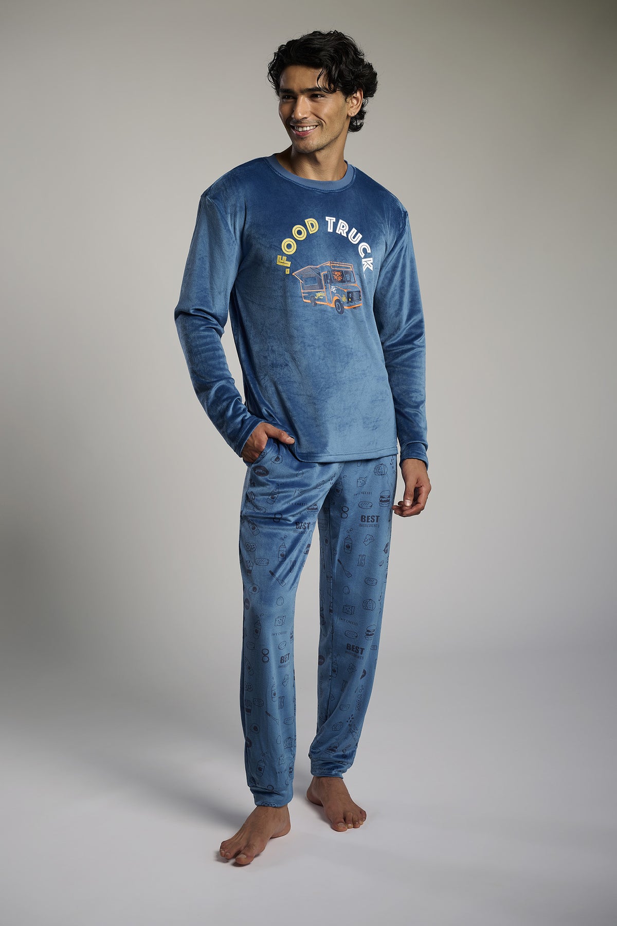 Pijama comprido de homem em veludo estampado Food Truck